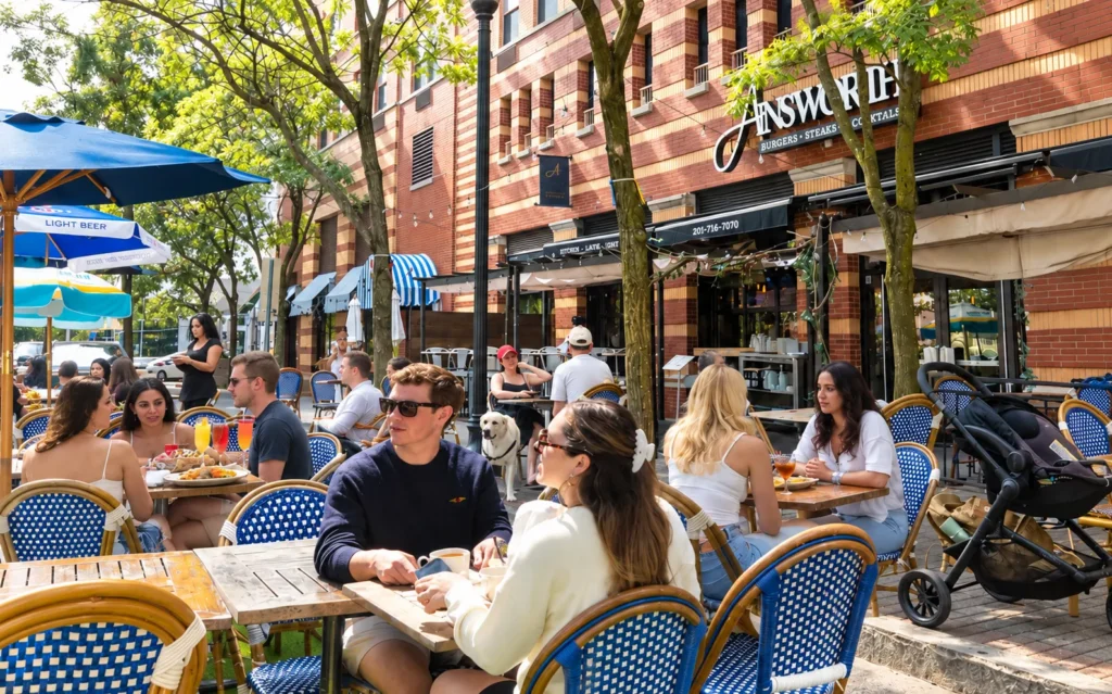 Photo of the outdoor partio at The Ainsworth Hoboken, showing table and chairs