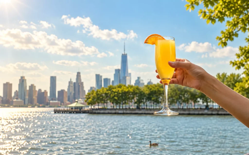 hand holding a mimosa with the river and NYC skyline beyond it