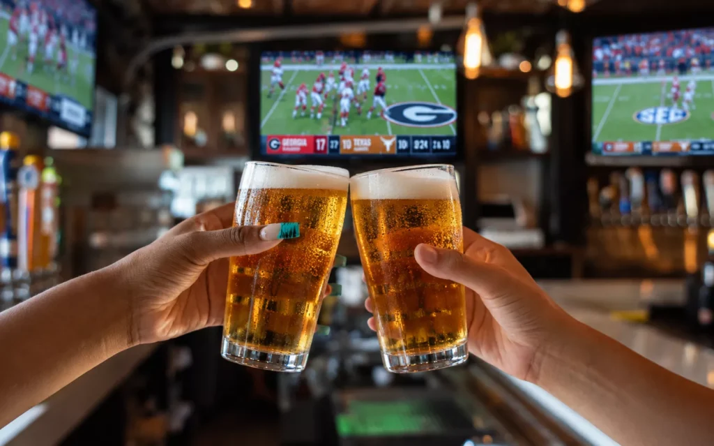 Two hands clinking beer mugs with large screen TVs in the distance showing NCAA Football