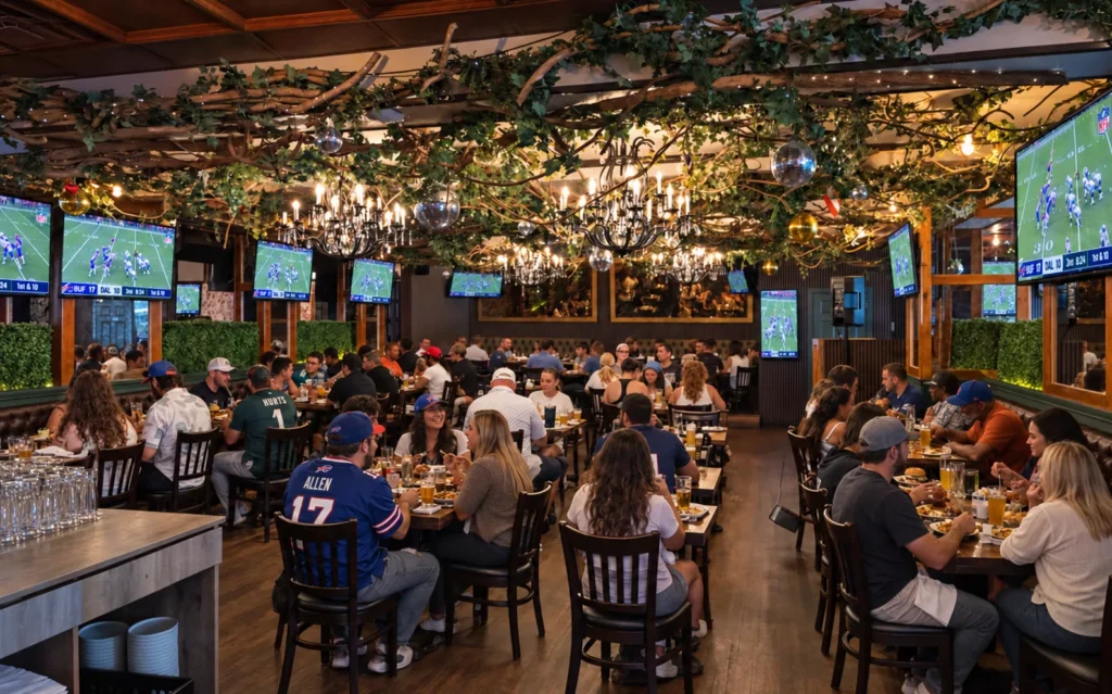A restaurant interior with large screen TVs showing the an NFL game