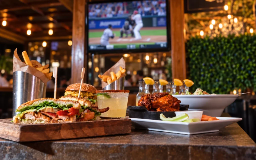 A big juicy buger on a table at The Ainsworth in Hoboken, where baseball id displayed on the large TV screen in the distance