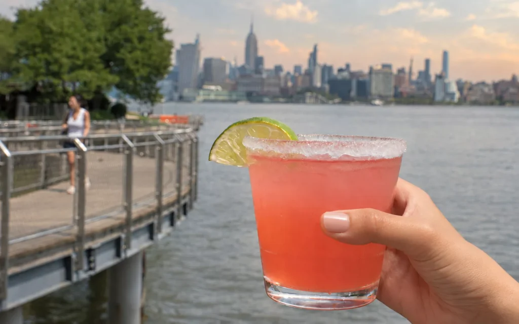 A hand holding a pink cocktail with the New York Skyline and rive is the distance